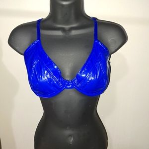 Faux leather Cosplay Bra in electric darker blue with silver back zipper.